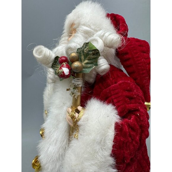 Christmas Santa tree topper staff gold bag of toys red faux white fur bell READ - Picture 3 of 7